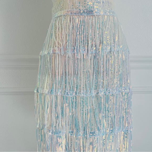 Off White Iridescent Sequined Tassel Cut Out Mini Short Dress Halter Neck - Picture 17 of 17
